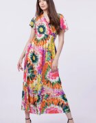 Shopika Rochie cu talia evidentiata si bust petrecut imprimeu floral predominant verde-portocaliu