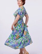 Shopika Rochie cu talia evidentiata si bust petrecut si imprimeu cu flori albastre-portocalii