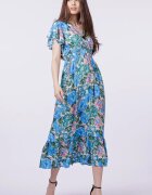 Shopika Rochie cu talia evidentiata si bust petrecut si imprimeu cu flori albastre-roz