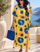 Shopika Rochie de plaja lunga tip poncho din matase cu flori galbene pe fond galben