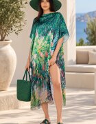 Shopika Rochie de plaja lunga tip poncho din matase cu imprimeu impresionist floral pe fond verde