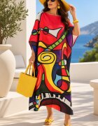Shopika Rochie de plaja lunga tip poncho din matase cu model inspirat colorata intens a lui Picasso