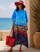 Shopika Rochie de plaja lunga tip poncho din matase cu peisaj cu maci pe fond albastru