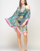Shopika Rochie de plaja tip poncho de plaja cu mandale multicolore si margine mov cu roz matase si vascoza
