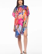 Shopika Rochie de plaja tip poncho din matase cu flori fucsia pe fond albstru
