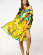 Shopika Rochie de plaja tip poncho din matase cu imprimeu inspirat din pictura moderna cu galben si albastru