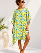 Shopika Rochie de plaja tip poncho din matase cu imprimeu mediteranean cu lamai si fluturi