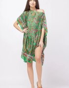 Shopika Rochie de plaja tip poncho din matase cu imprimeu paisley pe fond verde