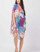 Shopika Rochie de plaja tip poncho din matase cu imprimeu pisici multicolore