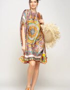 Shopika Rochie de plaja tip poncho din matase cu mandala centrala in chenar bej si caramiziu
