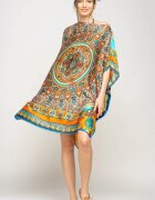 Shopika Rochie de plaja tip poncho din matase cu mandala centrala in chenar portocaliu si albastru