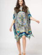 Shopika Rochie de plaja tip poncho din matase cu mandala centrala pe fond albastru