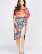 Shopika Rochie de plaja tip poncho din matase cu model inspirat dupa o pictura celebra