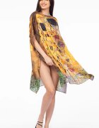 Shopika Rochie de plaja tip poncho din matase cu model inspirat dupa Sarutul de Gustav Klimt