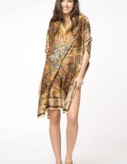 Shopika Rochie de plaja tip poncho din matase cu motive orientale pe fond bej