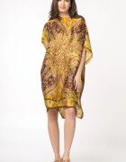Shopika Rochie de plaja tip poncho din matase cu motive orientale pe fond galben auriu