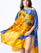 Shopika Rochie de plaja tip poncho din matase cu stilizare Floarea Soarelui pe fond albastru