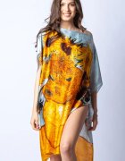 Shopika Rochie de plaja tip poncho din matase cu stilizare Floarea Soarelui pe fond gri
