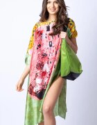 Shopika Rochie de plaja tip poncho din matase cu stilizare Sarutul pe fond verde