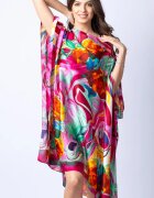 Shopika Rochie de plaja tip poncho din matase cu trandafiri orange pe fond fucsia