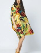 Shopika Rochie de plaja tip poncho din matase cu trandafiri pe fond galben