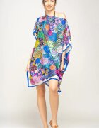 Shopika Rochie de plaja tip poncho din matase imprimat cu mandale multicolore cu albastru si alb pe margine