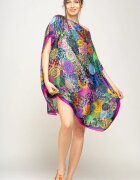 Shopika Rochie de plaja tip poncho din matase imprimat cu mandale multicolore cu fucsia si bleumarin pe marg