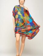Shopika Rochie de plaja tip poncho din matase imprimat cu mandale multicolore cu rosu si bleumarin pe margin
