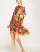 Shopika Rochie de plaja tip poncho din matase imprimat cu mandale multicolore cu rosu si galben pe margine