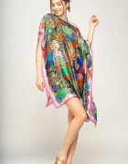 Shopika Rochie de plaja tip poncho din matase imprimat cu mandale multicolore cu roz si alb pe margine