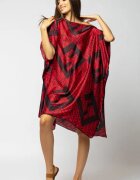 Shopika Rochie de plaja tip poncho din matase imprimat cu model geometric rosu si negru