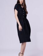 Shopika Rochie de vara midi din in cu buzunare si siret in talie bleumarin