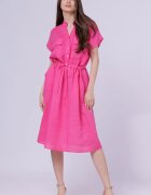 Shopika Rochie de vara midi din in cu buzunare si siret in talie fucsia