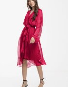 Shopika Rochie eleganta din matase si vascoza petrecuta cu maneci vaporoase si croiala asimetrica fucsia