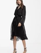 Shopika Rochie eleganta din matase si vascoza petrecuta cu maneci vaporoase si croiala asimetrica neagra