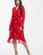 Shopika Rochie eleganta din matase si vascoza petrecuta cu maneci vaporoase si croiala asimetrica rosie