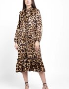 Shopika Rochie eleganta din satin cu nasturei albi perlati si imprimeu animal print