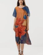 Shopika Rochie eleganta satinata A-line cu croiala lejera si imprimeu floral in tonuri de oranj-albastru-ros