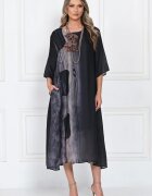 Shopika Rochie eleganta satinata A-line cu imprimeu abstract si croi lejer fluid negru-gri
