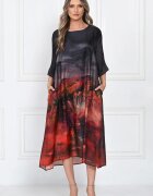 Shopika Rochie eleganta satinata A-line cu imprimeu artistic si croi lejer fluid negru-rosu-bordo