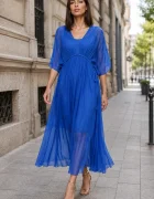 Shopika Rochie Goddess din matase si vascoza cu snur impletit pe decolteu si talie albastra