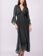 Shopika Rochie gri antracit din matase si vascoza cu banda elastica in talie si volane