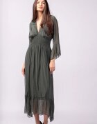 Shopika Rochie kaki din matase si vascoza cu banda elastica in talie si volane