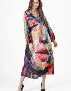 Shopika Rochie lunga A-line cu imprimeu chip multicolor cu maneca lunga cu elastic