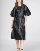 Shopika Rochie lunga cambrata din piele ecologica cu maneci bufante