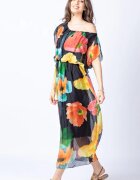 Shopika Rochie lunga cu imprimeu floral multicolor pe fond negru din matase si vascoza