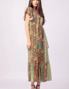 Shopika Rochie lunga cu volan si imprimeu floral din matase indiana verde menta - portocaliu