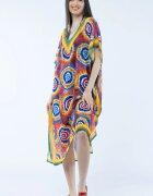 Shopika Rochie lunga de plaja tip poncho cu imprimeu circular cu rosu si albastru