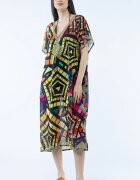 Shopika Rochie lunga de plaja tip poncho cu motive geometrice pe fond negru