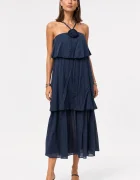 Shopika Rochie lunga din batist de bumbac cu bretele reglabile si floare decorativa bleumarin